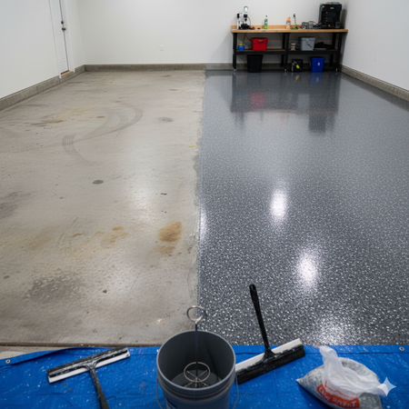 Garage floor half painted with gray epoxy, tools in foreground.