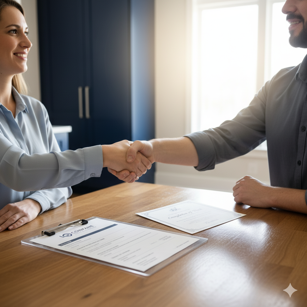 Woman and man shake hands over a table with documents, smiling; interior setting.