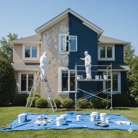 House being painted blue, two workers in white suits. One on a ladder, the other on scaffolding.