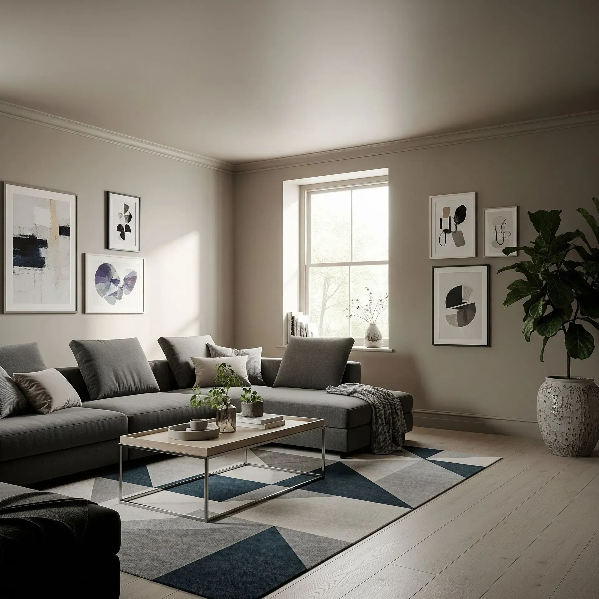 A living room with a gray sectional sofa, artwork, a rug, and a large potted plant.