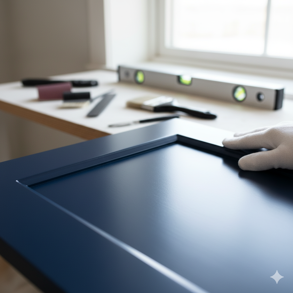 Blue painted door with gloved hand. Tools on white surface near a window.