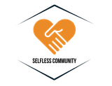 A logo for a selfless community with a handshake in the shape of a heart