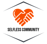 A logo for a selfless community with a handshake in the shape of a heart
