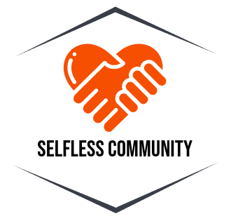 A logo for a selfless community with a handshake in the shape of a heart