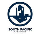 Logo for South Pacific Interiors: dark blue circular frame with building outline. Below, text 