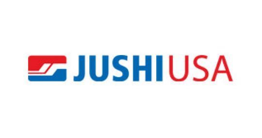 Un logo rouge, blanc et bleu pour jushi usa