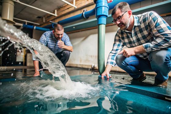 Two men are looking at a leak in a pipe.