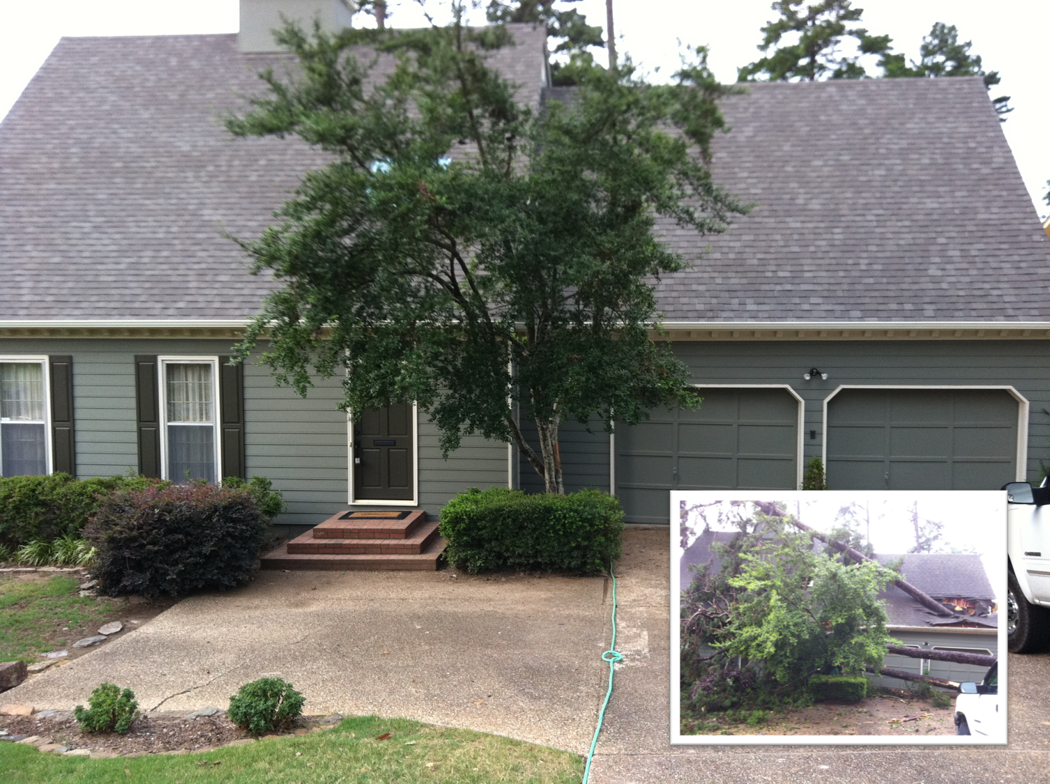 Before and after picture of storm damage on residential house