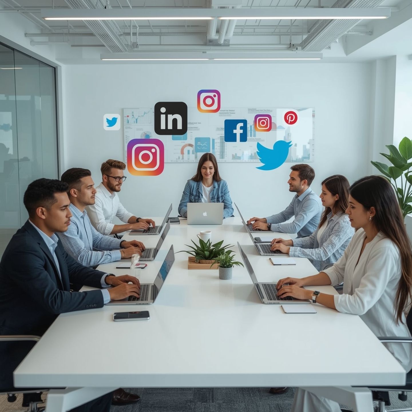 A marketing company content team working on creating social media content