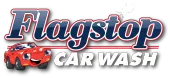 Logo for Flagstop Car Wash, with a cartoon car and text in blue and white.