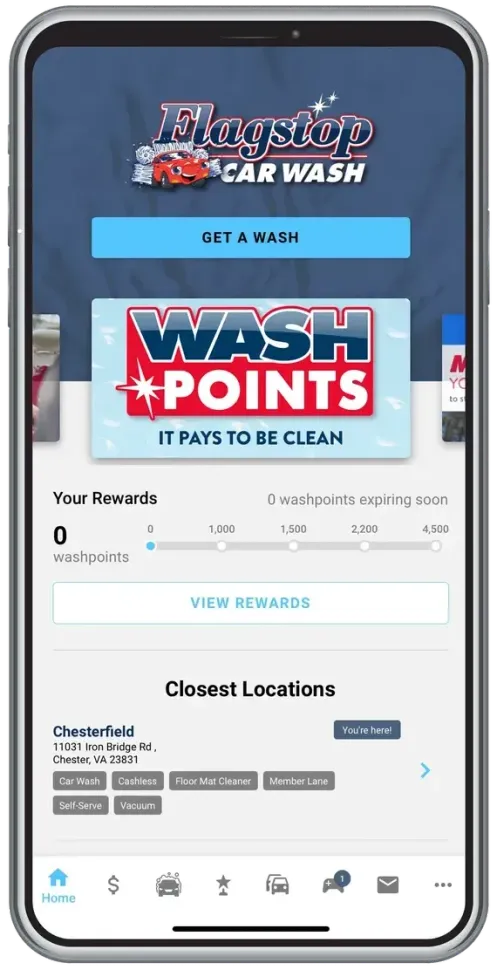 A screenshot of a car wash app on a cell phone.