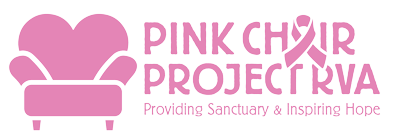 Pink chair logo with a heart-shaped back, text
