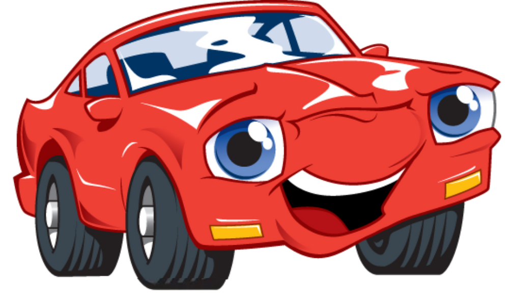 Smiling red cartoon car with blue eyes and black tires.