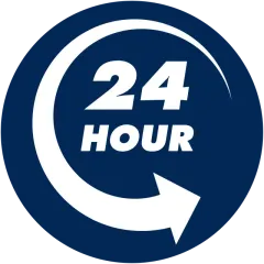 A blue circle with the words 24 hour on it