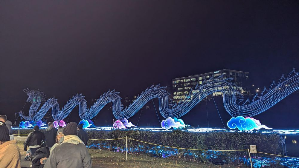 A group of people are standing in front of a large dragon sculpture at night.