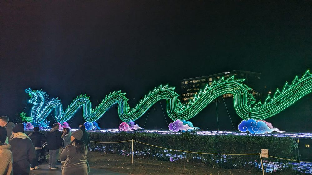 A group of people are standing in front of a large green dragon lit up at night.