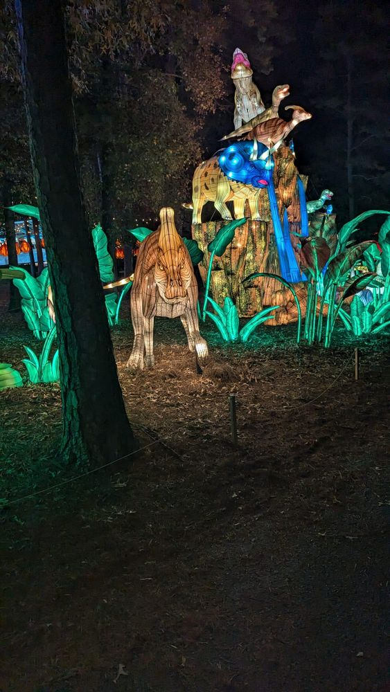 A group of dinosaurs are standing on top of a rock in the woods at night.