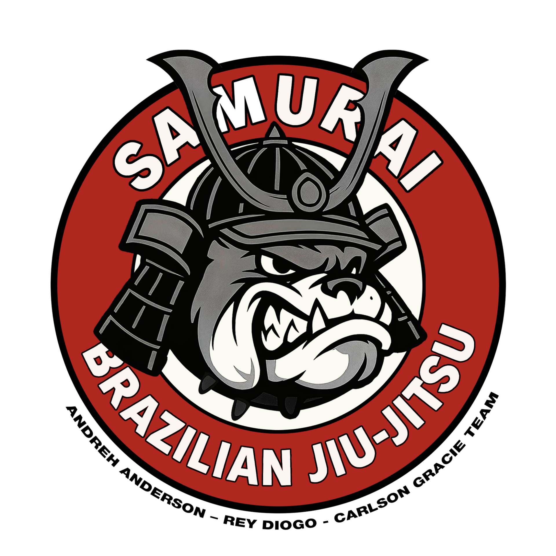 Circular logo for Samurai Brazilian Jiu-Jitsu featuring a snarling bulldog in a samurai helmet on a red background.