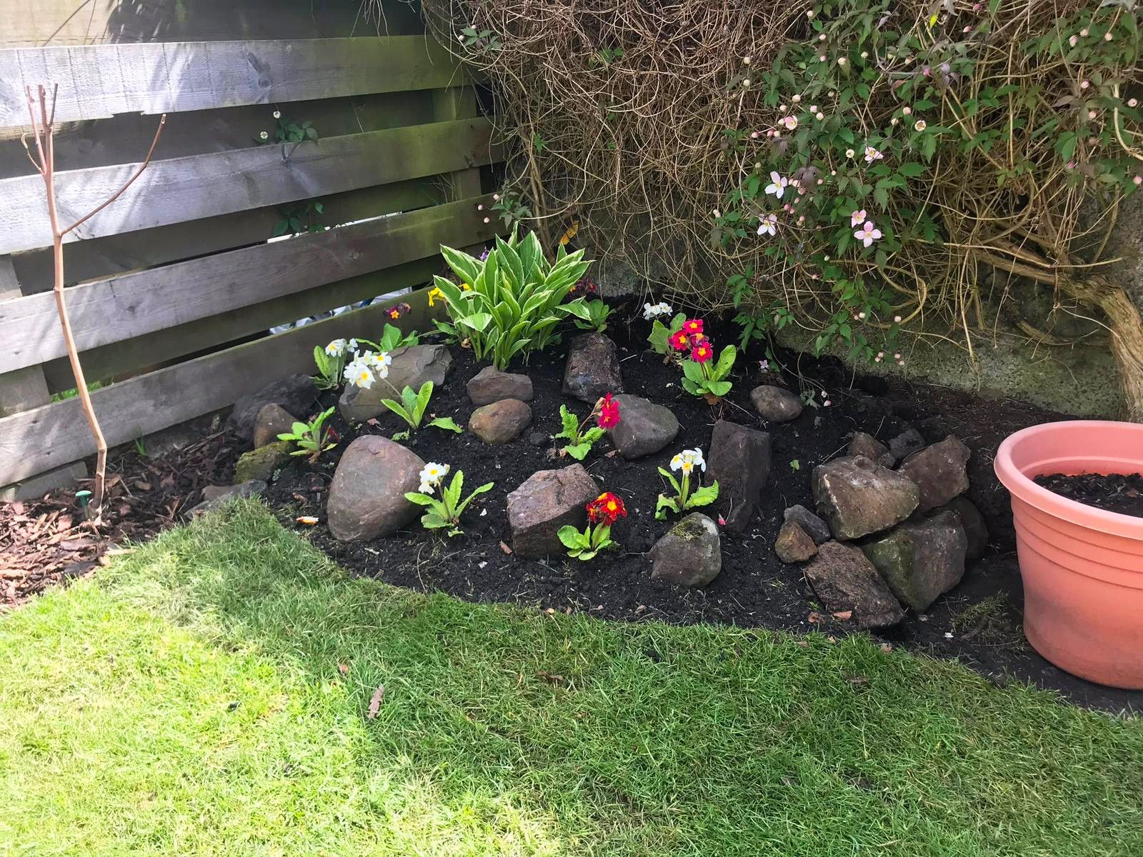 A garden with rocks , flowers and a pot in the middle of it.