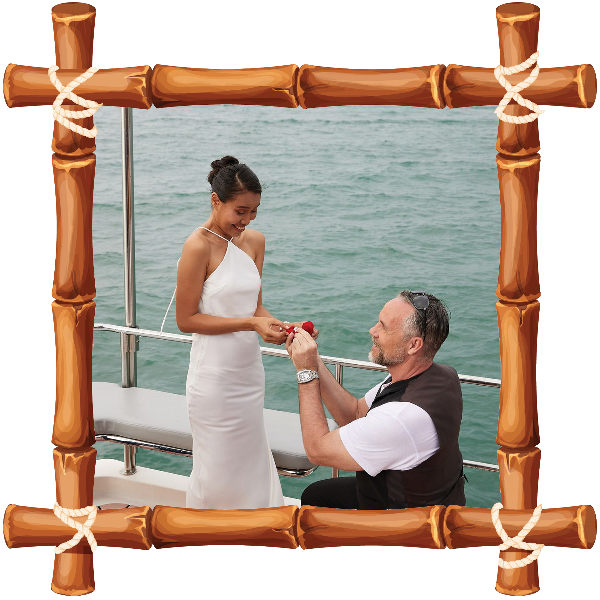 Man kneels to present a ring to a woman on a boat, framed by a bamboo border.