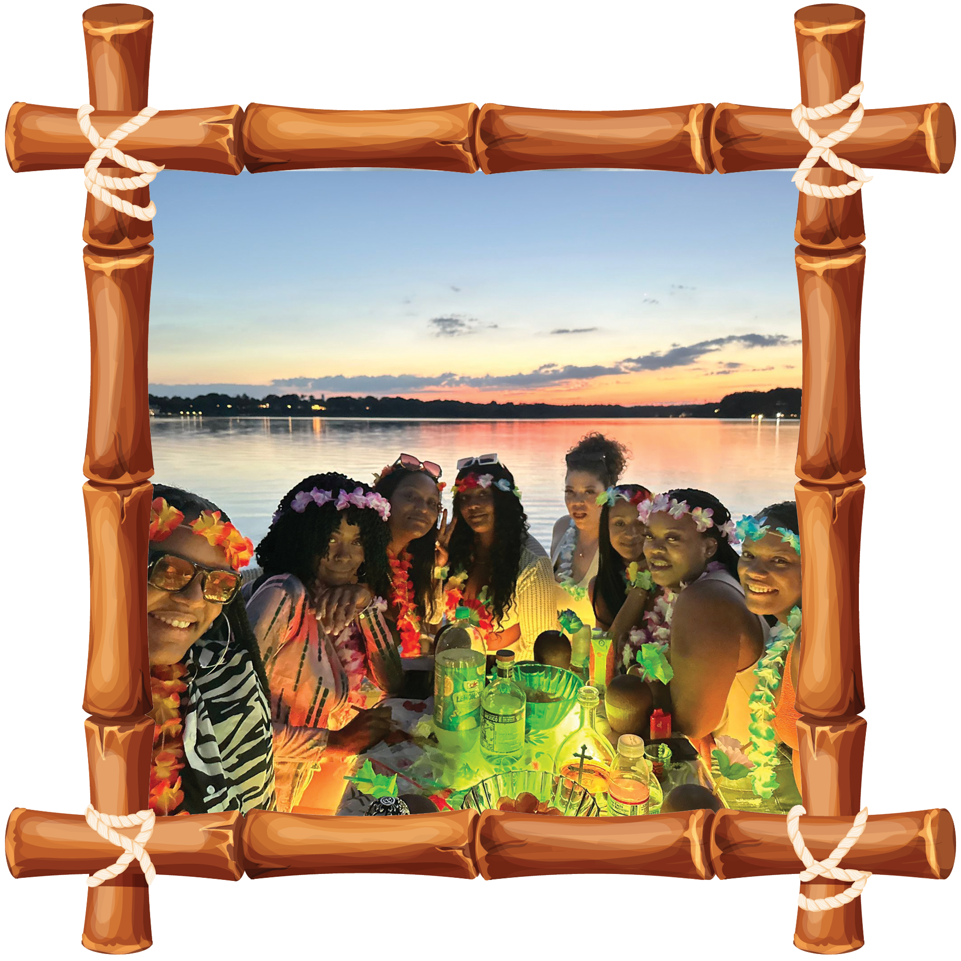Group gathered around a glowing table at sunset, framed by a bamboo-style border.