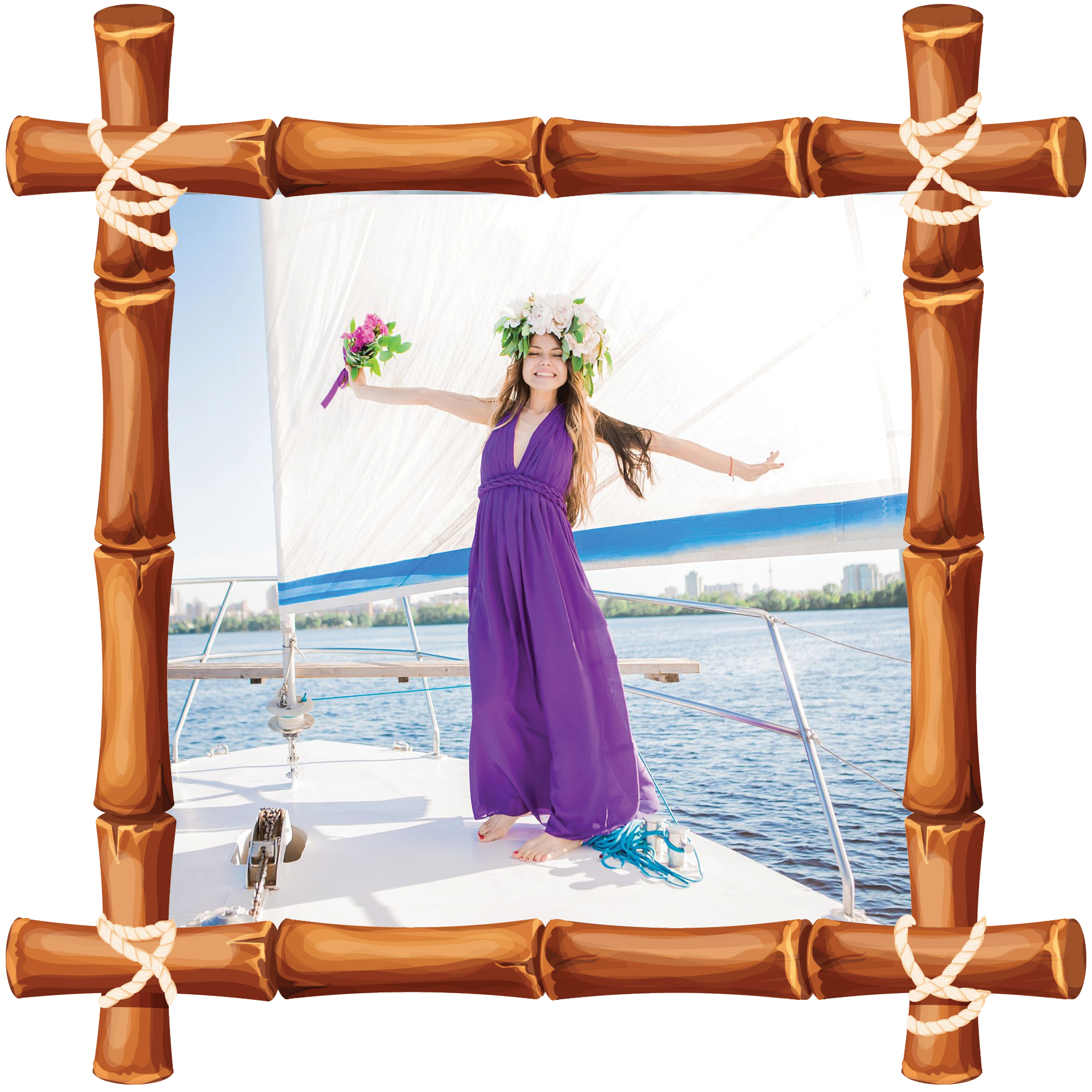 Woman in a purple dress holding flowers on a boat, framed by a bamboo border.