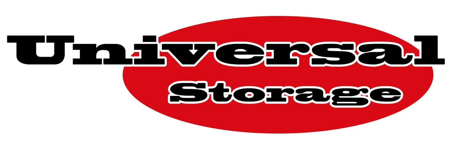 Logo of Universal Storage, black text over a red oval.