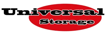 Logo of Universal Storage, black text over a red oval.