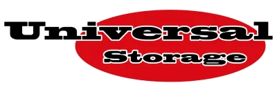 Logo of Universal Storage, black text over a red oval.