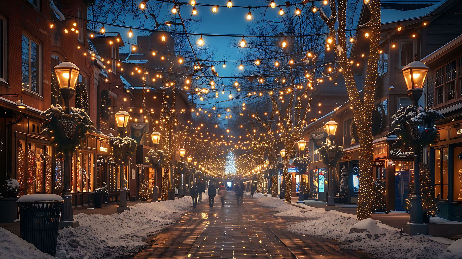 Una strada innevata al crepuscolo, decorata con luci scintillanti e fiancheggiata da vetrine illuminate a festa.