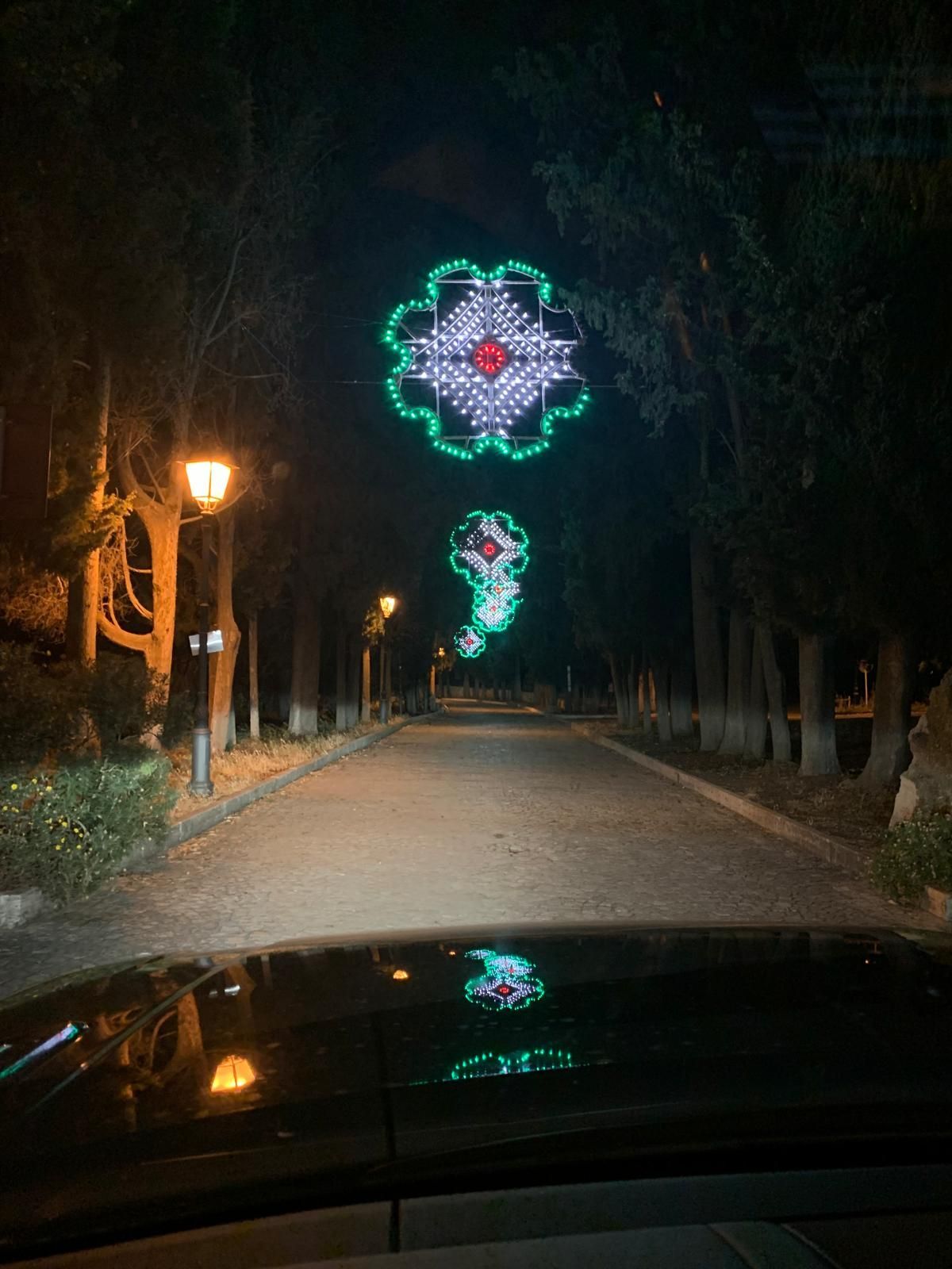 Vista notturna, ripresa da un'auto, di una strada alberata e illuminata da scintillanti lampade a LED ornamentali posizionate sopra di essa.