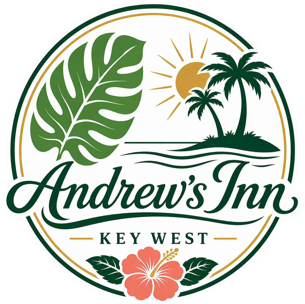 Andrew&rsquo;s Inn Key West logo with green palm leaf, palms, sun, waves, and pink hibiscus
