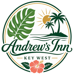 Andrew&rsquo;s Inn Key West logo with green palm leaf, palms, sun, waves, and pink hibiscus