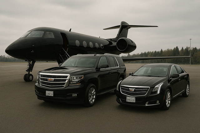 Two black cars are parked in front of a private jet.
