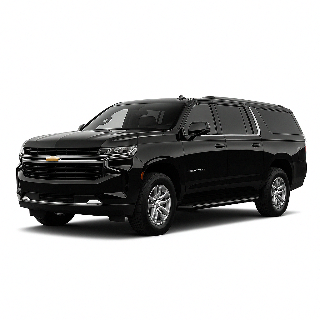 A black chevrolet suburban suv is shown on a white background.