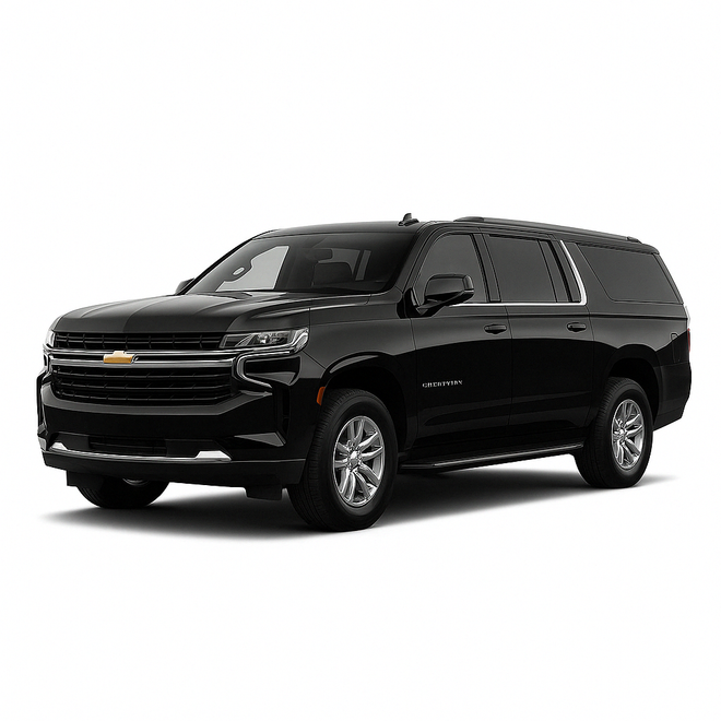 A black chevrolet suburban suv is shown on a white background.