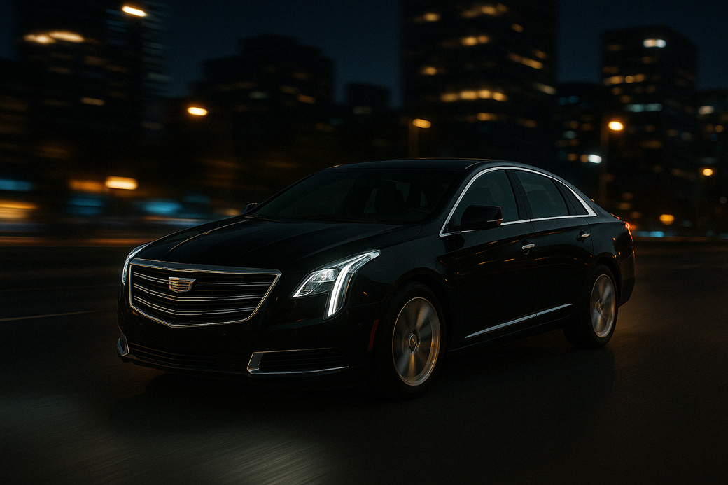 A black cadillac is driving down a city street at night.