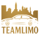 A logo for a company called teamlimo with a car in front of a city skyline