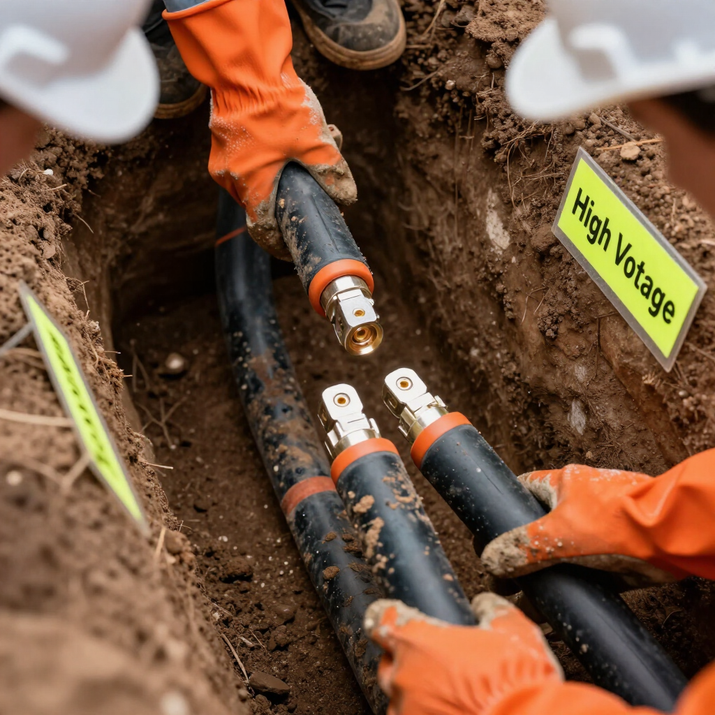 Workers in hard hats and orange gloves connect thick, high-voltage electrical cables in a muddy trench.