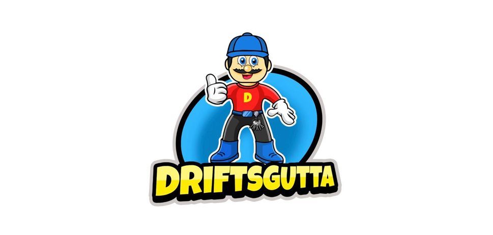 Tegneseriefigur med bart, tommelen opp og «Driftsgutta»-logo.