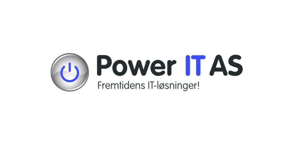 Logo for Power IT AS med et av/på-knappikon og slagordet «Fremtidens IT-løsninger!»