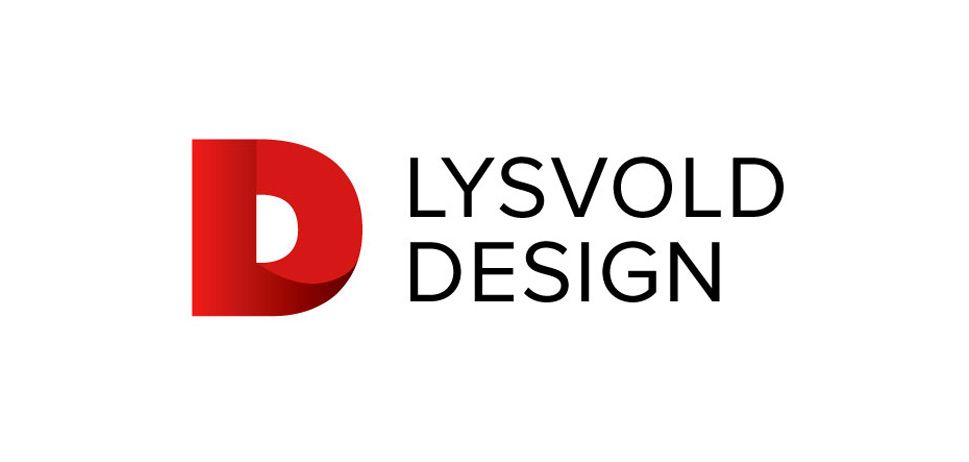 Logo for Lysvold Design. Rød «D» med skygge, ved siden av firmanavnet i svart tekst.
