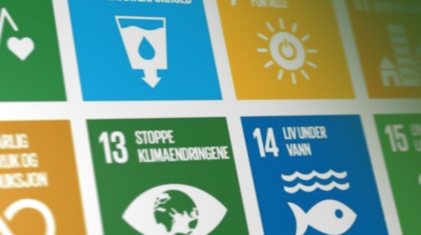 Nærbilde av flere ikoner for FNs bærekraftsmål, inkludert klimahandling og liv under vann.