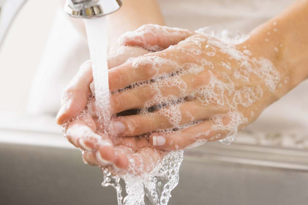 Hands being washed under running water with soap.