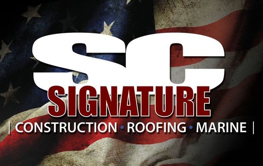 A logo for sc signature construction roofing marine