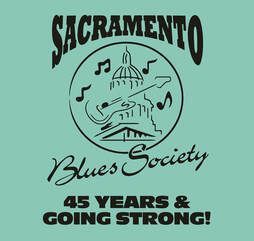 Sacramento Blues Society logo on mint green with “45 years & going strong!” text