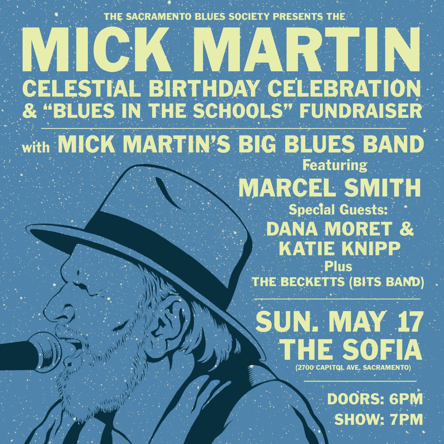 Blues on the Green concert poster with saxophone player and singer, Sacramento State, Apr. 17, 2025, 4–6 pm