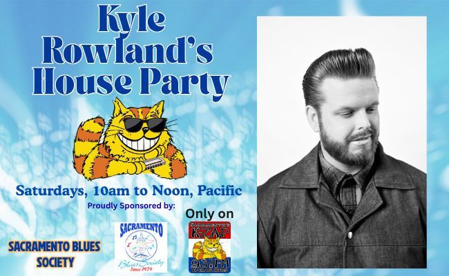 Blue event flyer for Mick Martin’s Blues Party with host photo and Sacramento Blues Society logo, Saturdays 10 am Pacific