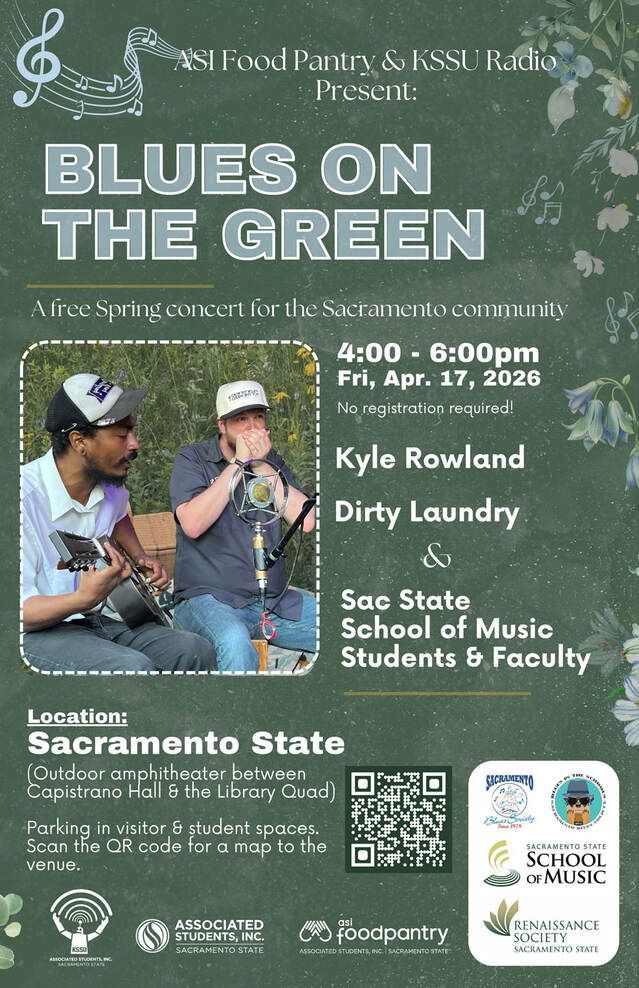 Blues on the Green concert poster with saxophone player and singer, Sacramento State, Apr. 17, 2025, 4–6 pm