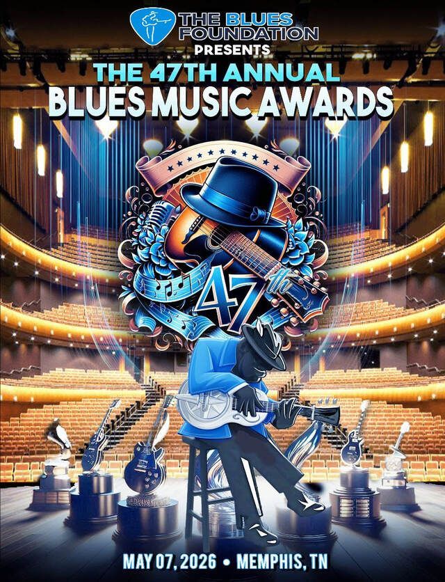 Promotional poster for the 47th Annual Blues Music Awards, Memphis, TN, with blue guitar and stage lights